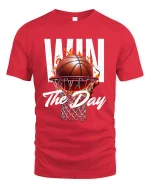 Win The Day Basketball Tee with Fiery Hoop Game Graphic - red t-shirt on white background