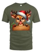 Cute Christmas Reindeer Tee with Santa Hat Holiday Style - military green t-shirt on white background