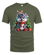 Cute Christmas Wolf Tee with Festive Tree and Holiday Gifts - military green t-shirt on white background