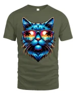 Neon Sunset Cat Tee with Cool Sunglasses Beach Artwork - military green t-shirt on white background