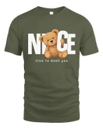 Nice Teddy Bear Tee with Cute Greeting Message Design - military green t-shirt on white background
