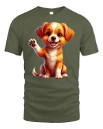 Cute Waving Puppy Tee with Adorable Happy Dog Artwork - military green t-shirt on white background