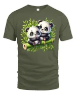Cute Baby Panda Duo Tee with Adorable Bamboo Forest Artwork - military green t-shirt on white background