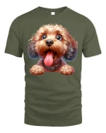 Cute Happy Pup Tee with Big Smile and Tongue Out Dog Artwork - military green t-shirt on white background