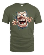 Crazy Cartoon Face Tee with Wild Screaming Character Art - military green t-shirt on white background