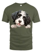 Cute Puppy Face Tee with Adorable Fluffy Dog Illustration - military green t-shirt on white background