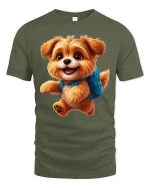 Cute Puppy Backpack Tee with Adorable Fluffy Dog Artwork - military green t-shirt on white background