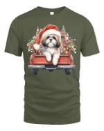 Christmas Puppy Truck Tee with Cute Santa Dog Holiday Art - military green t-shirt on white background