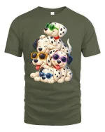 Cool Dalmatian Puppies Tee with Fun Sunglasses Cartoon Art - military green t-shirt on white background