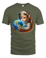 Cute Baby Astronaut Tee Holding Earth Cosmic Space Art Design - military green t-shirt on white background