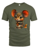 Cute Autumn Mouse Tee with Big Ears and Leaf Art Design - military green t-shirt on white background