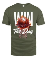 Win The Day Basketball Tee with Fiery Hoop Game Graphic - military green t-shirt on white background