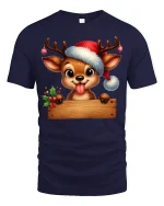 Cute Christmas Reindeer Tee with Santa Hat Holiday Style - navy t-shirt on white background
