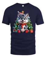 Cute Christmas Wolf Tee with Festive Tree and Holiday Gifts - navy t-shirt on white background
