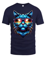 Neon Sunset Cat Tee with Cool Sunglasses Beach Artwork - navy t-shirt on white background
