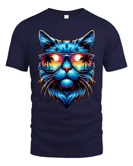 Neon Sunset Cat Tee with Cool Sunglasses Beach Artwork - navy t-shirt on white background