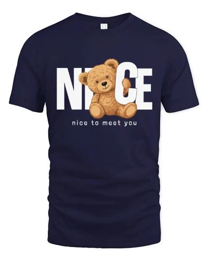 Nice Teddy Bear Tee with Cute Greeting Message Design - navy t-shirt on white background