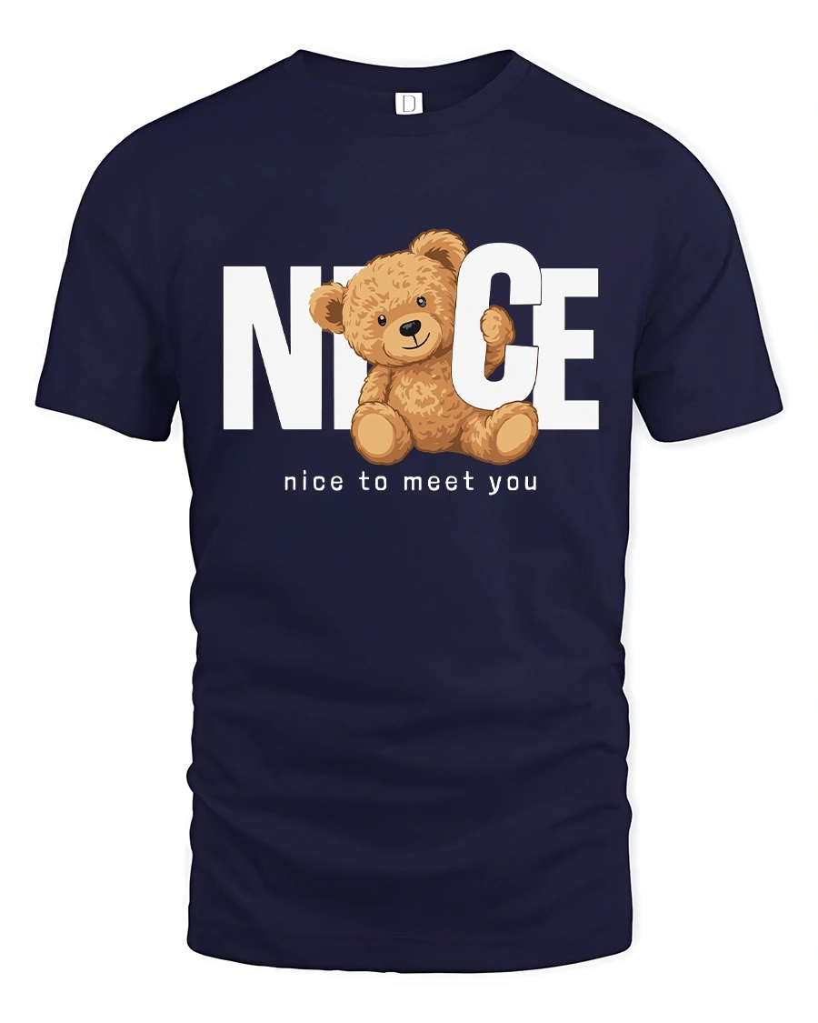 Nice Teddy Bear Tee with Cute Greeting Message Design - 1 Nice Teddy Bear Tee with Cute Greeting Message Design - navy t-shirt on white background