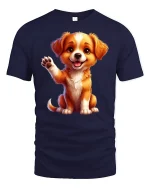 Cute Waving Puppy Tee with Adorable Happy Dog Artwork - navy t-shirt on white background