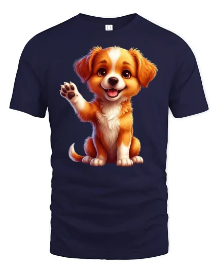 Cute Waving Puppy Tee with Adorable Happy Dog Artwork - navy t-shirt on white background