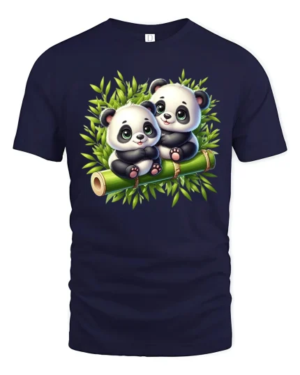 Cute Baby Panda Duo Tee with Adorable Bamboo Forest Artwork - navy t-shirt on white background
