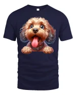 Cute Happy Pup Tee with Big Smile and Tongue Out Dog Artwork - navy t-shirt on white background