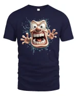 Crazy Cartoon Face Tee with Wild Screaming Character Art - navy t-shirt on white background