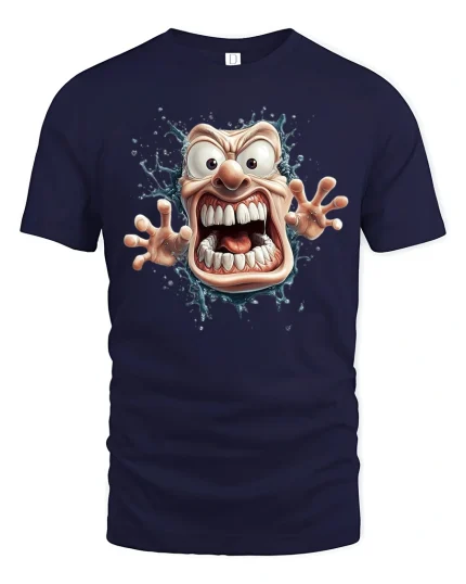 Crazy Cartoon Face Tee with Wild Screaming Character Art - navy t-shirt on white background