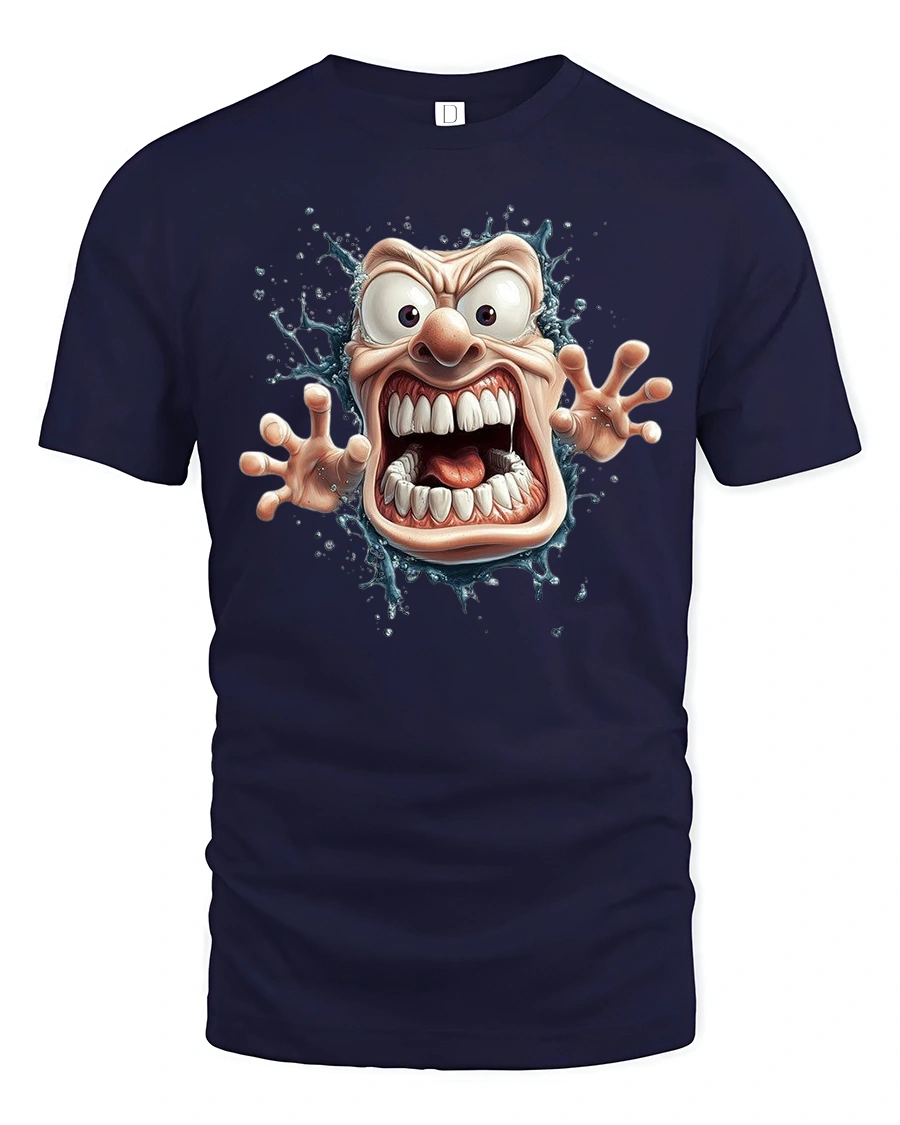 Crazy Cartoon Face Tee with Wild Screaming Character Art - 1 Crazy Cartoon Face Tee with Wild Screaming Character Art - navy t-shirt on white background