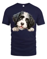 Cute Puppy Face Tee with Adorable Fluffy Dog Illustration - navy t-shirt on white background