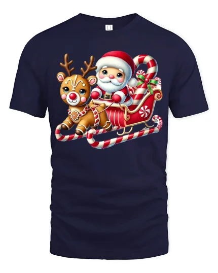 Cute Santa Sleigh Ride Tee with Reindeer Candy Art Design - navy t-shirt on white background
