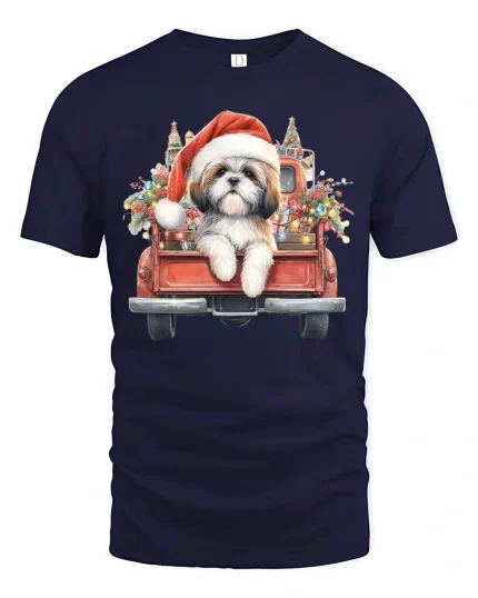 Christmas Puppy Truck Tee with Cute Santa Dog Holiday Art - navy t-shirt on white background