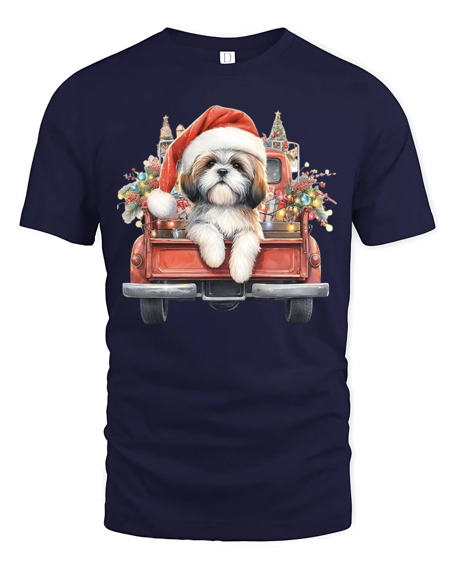 Christmas Puppy Truck Tee with Cute Santa Dog Holiday Art - 1 Christmas Puppy Truck Tee with Cute Santa Dog Holiday Art - navy t-shirt on white background