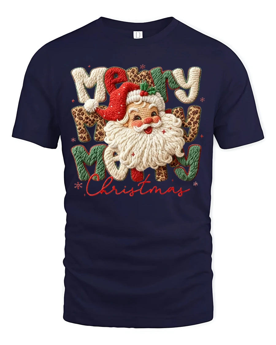Retro Santa Merry Christmas Tee with Cute Holiday Knit Style - 1 Retro Santa Merry Christmas Tee with Cute Holiday Knit Style - navy t-shirt on white background