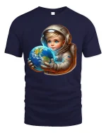 Cute Baby Astronaut Tee Holding Earth Cosmic Space Art Design - navy t-shirt on white background