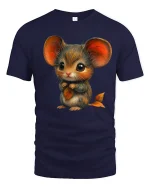 Cute Autumn Mouse Tee with Big Ears and Leaf Art Design - navy t-shirt on white background