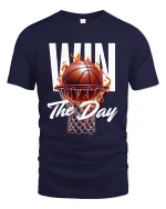 Win The Day Basketball Tee with Fiery Hoop Game Graphic - navy t-shirt on white background