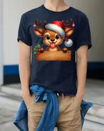 Cute Christmas Reindeer Tee with Santa Hat Holiday Style - model wearing navy tee with hands in pockets