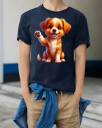 Cute Waving Puppy Tee with Adorable Happy Dog Artwork - model wearing navy tee with hands in pockets