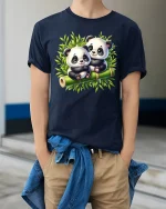 Cute Baby Panda Duo Tee with Adorable Bamboo Forest Artwork - model wearing navy tee with hands in pockets