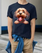 Cute Happy Pup Tee with Big Smile and Tongue Out Dog Artwork - model wearing navy tee with hands in pockets