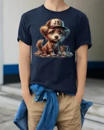 Sad Puppy Tee with Emotional Cute Dog Artwork and Soft Style - model wearing navy tee with hands in pockets