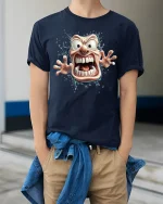 Crazy Cartoon Face Tee with Wild Screaming Character Art - model wearing navy tee with hands in pockets