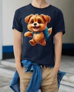 Cute Puppy Backpack Tee with Adorable Fluffy Dog Artwork - model wearing navy tee with hands in pockets