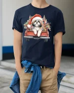 Christmas Puppy Truck Tee with Cute Santa Dog Holiday Art - model wearing navy tee with hands in pockets