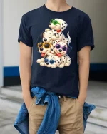 Cool Dalmatian Puppies Tee with Fun Sunglasses Cartoon Art - model wearing navy tee with hands in pockets