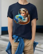 Cute Baby Astronaut Tee Holding Earth Cosmic Space Art Design - model wearing navy tee with hands in pockets