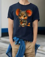 Cute Autumn Mouse Tee with Big Ears and Leaf Art Design - model wearing navy tee with hands in pockets