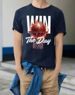 Win The Day Basketball Tee with Fiery Hoop Game Graphic - model wearing navy tee with hands in pockets