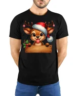 Cute Christmas Reindeer Tee with Santa Hat Holiday Style - model wearing black tee with hands behind back